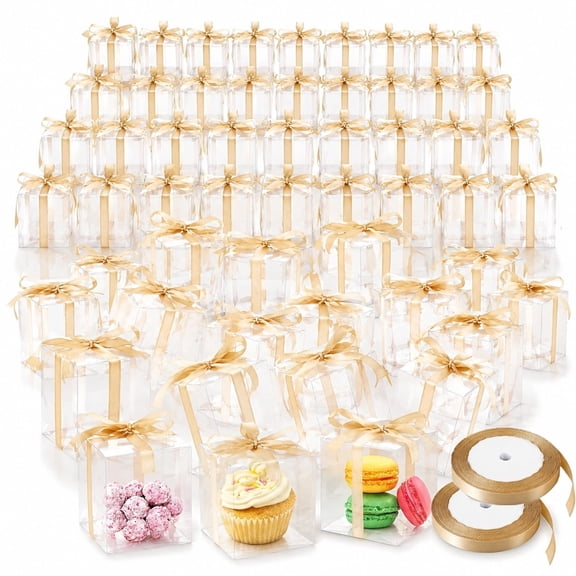 Mioerouu 100 Pack Clear Favor Boxes 1.97 x 1.97 x 1.97 Inch, Food-Grade with 2 Rolls Ribbon for Wedding, Candy, Macarons, Jewelry