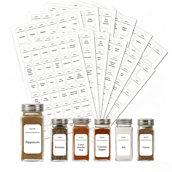 Mioerouu 12 Sheets Spice Jar Labels Set, Total 432 Pcs White Waterproof Oil Resistant Dishwasher Safe Seasoning Stickers, Spice Labels for Kitchen Pantry Glass Spice Bottles Organizatione