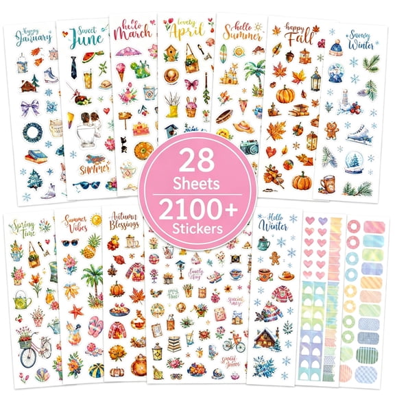 Mioerouu 2100+ Holographic Planner Stickers, 28 Sheets Seasonal & Holiday Decals with Writable Labels, Watercolor Botanical Aesthetic for Bullet Journals, Scrapbooking & Daily Organizers