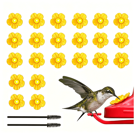 Mioerouu 24Pieces Hummingbird Feeders Replacement Flowers, Feeding Ports Pet Bird Feeder Replacement Parts Bee Guards for Outdoors Hanging Hummingbird Feeder, Fit in 0.35cm/ 0.13" Holes(Yellow)