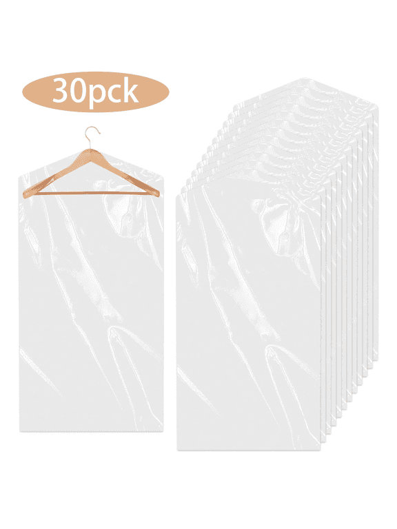 30 Pack Heavy Duty Clear Garment Bags, 1.5 Mil Extra Thick 23.6 x 35.4 Inch Hanging Clothes Dust Covers, Plastic Suit Storage Bags for Shirts, Coats, Jeans, Family Closet Storage