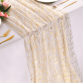 Mioerouu 3pcs 10 Ft Gold Table Runner, Sheer Gauze Chiffon Tulle Cheesecloth Sequin Glitter, Table Decorations for Home Wedding Anniversary Party Birthday Holiday Christmas Thanksgiving 27.5 x 120 In