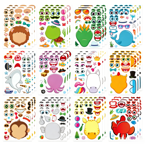 Mioerouu 48 Sheets 8.26"x5.9" Make a face Stickers for Kids, Make Your Own Animal Stickers with Unicorn, Dinosaur, Sea and Safari Animals, Crafts Birthday Party Favors, Classroom Activities