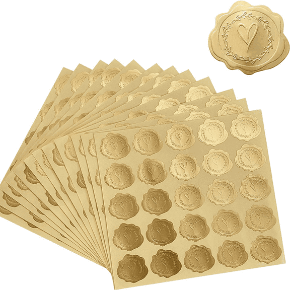 Mioerouu 500Pcs Embossed Gold Foil Seal Stickers, Wreath & Heart Metallic Gold Envelope Stickers for Wedding Invitations, Greeting Cards, Gift Packaging & DIY Crafts