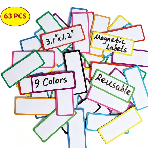 Mioerouu 63 Pack Magnetic Dry Erase Labels, 9 Colors Erasable Magnetic Name Tags 3.2x1.2 Inch for Classroom Fridge Cabinet Organizing