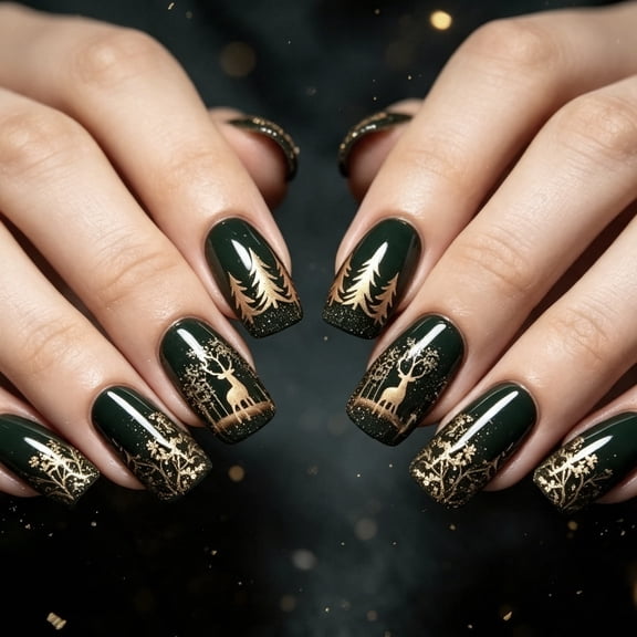 Mioervt Dark Green Golden Deer Press on Nails, Medium Square Fake Nails, Christmas Tree Pattern False Nails, Glossy Full Cover Stick on Nails for Holiday Party Daily Wear