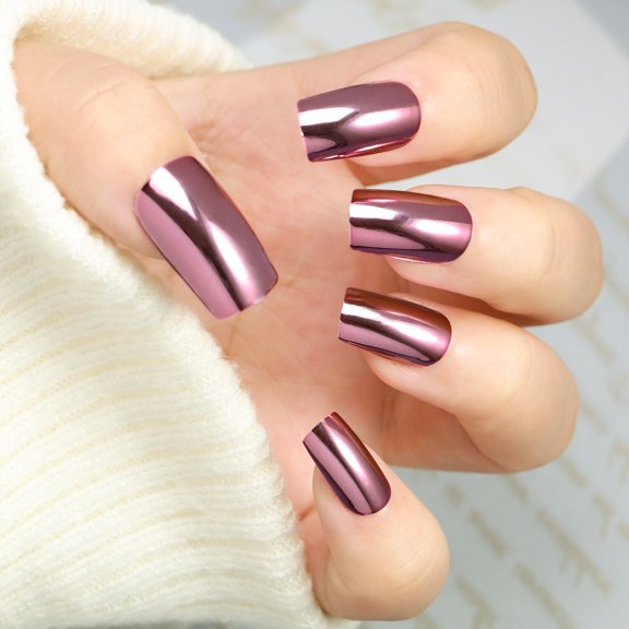 Mioervt Mirror Metallic Coffin Press On Nails 24Pcs Chrome Shiny Fake Nail Tips, Buy 2 Get 1 Free, Reusable Long Ballerina False Nails Kit with Jelly Tabs & Nail File for Daily Party DIY Manicure