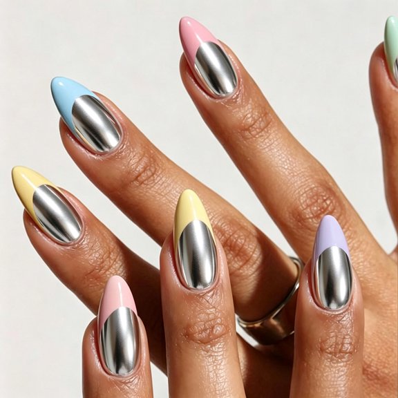 Mioervt Pastel Color Silver Metallic Split Press On Nails, Long Almond False Nails, Multicolor Chrome Fake Nails, Glossy Reusable Nail Art for Festival & Party Wear