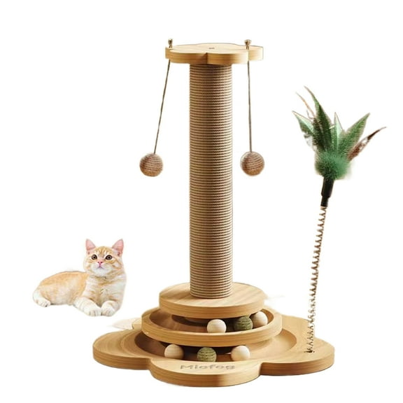 Miofog Scratching posts for cats, Kitten Toys for Indoor Cats Wooden Ball Track Two-Layer Modern Sisal 17.7" Tall Scratch Post Interactive Toy with Dangling Ball