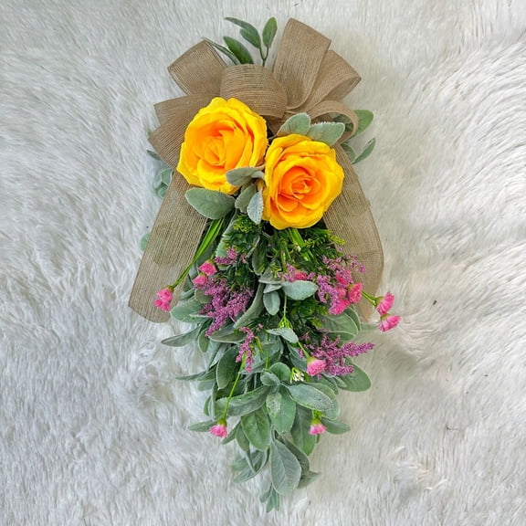 Miogawg Artificial Spring Summer Swag Wreath, Spring Summer Peony Flower Rabbits Ear Leaf Wreath With Ribbon Faux Flowers Hanging Wreaths For Porch Wall Window Decor