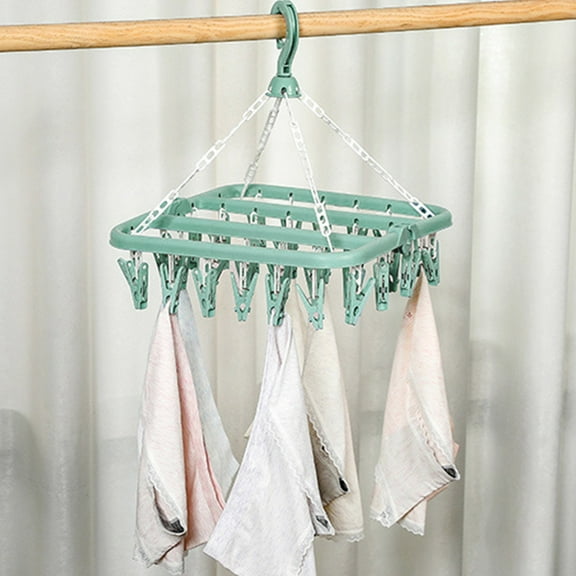 Miogawg Clothes Drying Rack, Foldable Clip Hanging Rack With 32 Drying Clips, 360° Rotatable Hook For Drying Socks Baby Clothes Towels Gloves