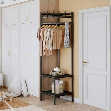 Miogawg Coat Rack, Portable Closet Clothing Racks, Heavy Duty Freestanding Wardrobe Laundry With Shelves Black, Corner Storage Organizer For Entryway, Hallway, Bedroom