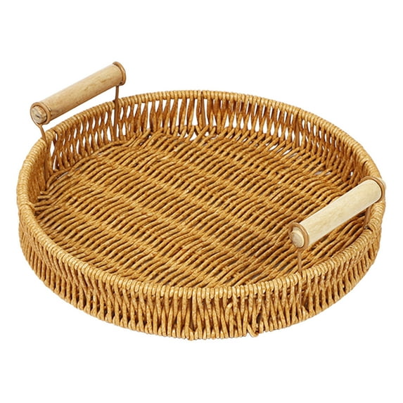 Miogawg ExRound Rattan Tray, Woven Bread Basket With Handles, Small Cracker Tray For Bread Fruit Food Breakfast Display