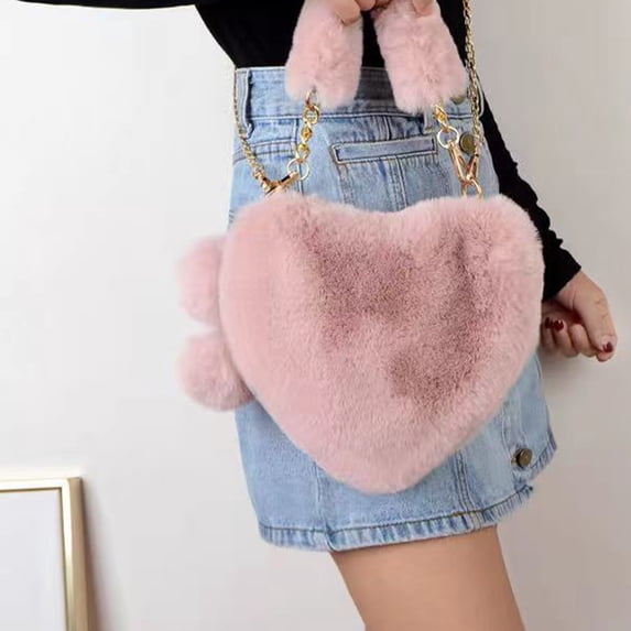 Miogawg Furry Heart Shaped Purse For Girls, Fluffy Faux Fur Shoulder Bag, Crossbody Handbag