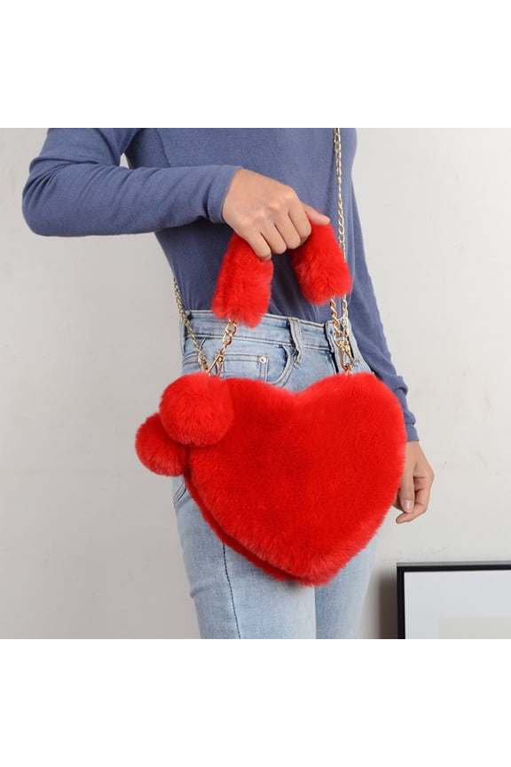 Furry Heart Shaped Purse For Girls, Fluffy Faux Fur Shoulder Bag, Crossbody Handbag