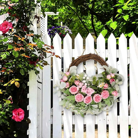 Miogawg Peony Rose Floral Twig Wreath, Artificial Flowers Garland For Front Door, Pink Flower Door Wreath Spring With Green Leaves For Outdoor Indoor Wedding Wall Or Window Decor