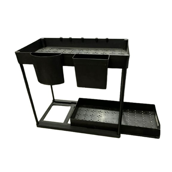 Miogawg Under Sink Organizer, 2 Tier Under Sliding Cabinet Basket Organizer With Hooks, Hanging Cup, Multi-Purpose Under Sink Shelf Organizer And Storage For Bathroom Kitchen