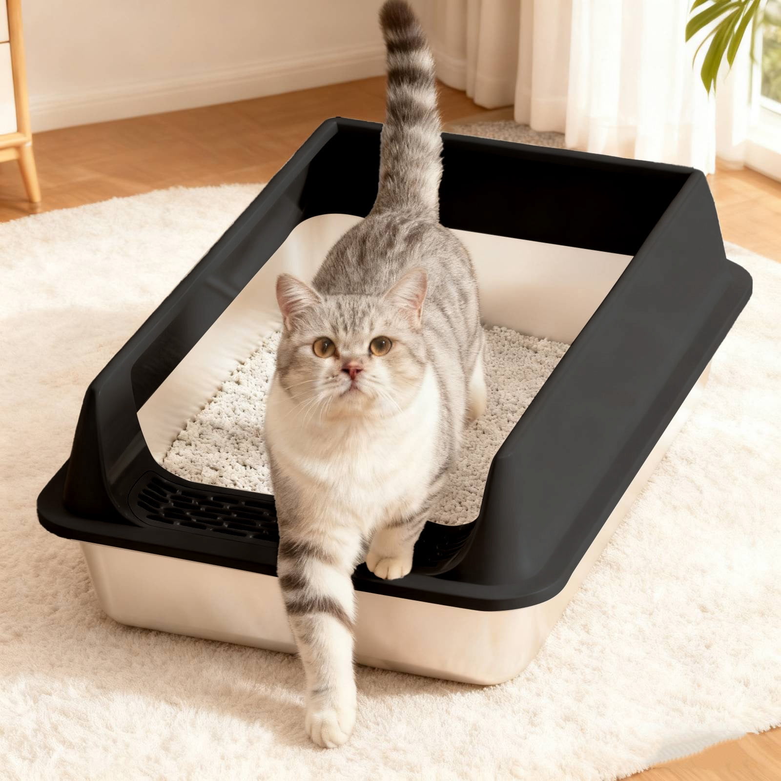 Miogawg Stainless Steel Litter Box, Metal Litter Pan High Sided, Leak-Proof, Easy To Clean, Scoop Included