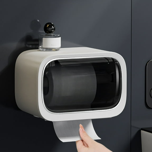 Miogawg Wall Toilet Paper Holder With Cover, Without Holes Hanging, Wall Mounted Toilet Paper Roll Holder, Large Capacity Waterproof Tissue Dispenser With Visible Window Bathroom Storage