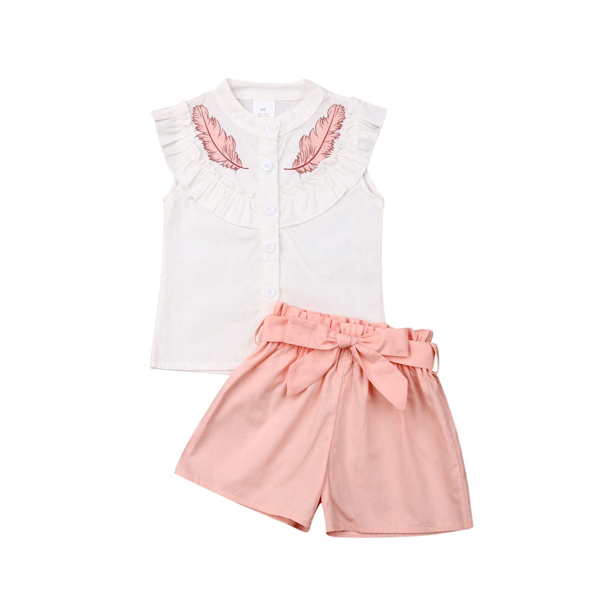2pcs Kid Girl Ruffled Off Shoulder Short-sleeve Yellow Tee and Bowknot Design Floral Print Shorts Set