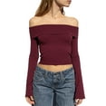 Mioliknya Women Off Shoulder Crop Tops Long Sleeve Slim Show Navel T ...