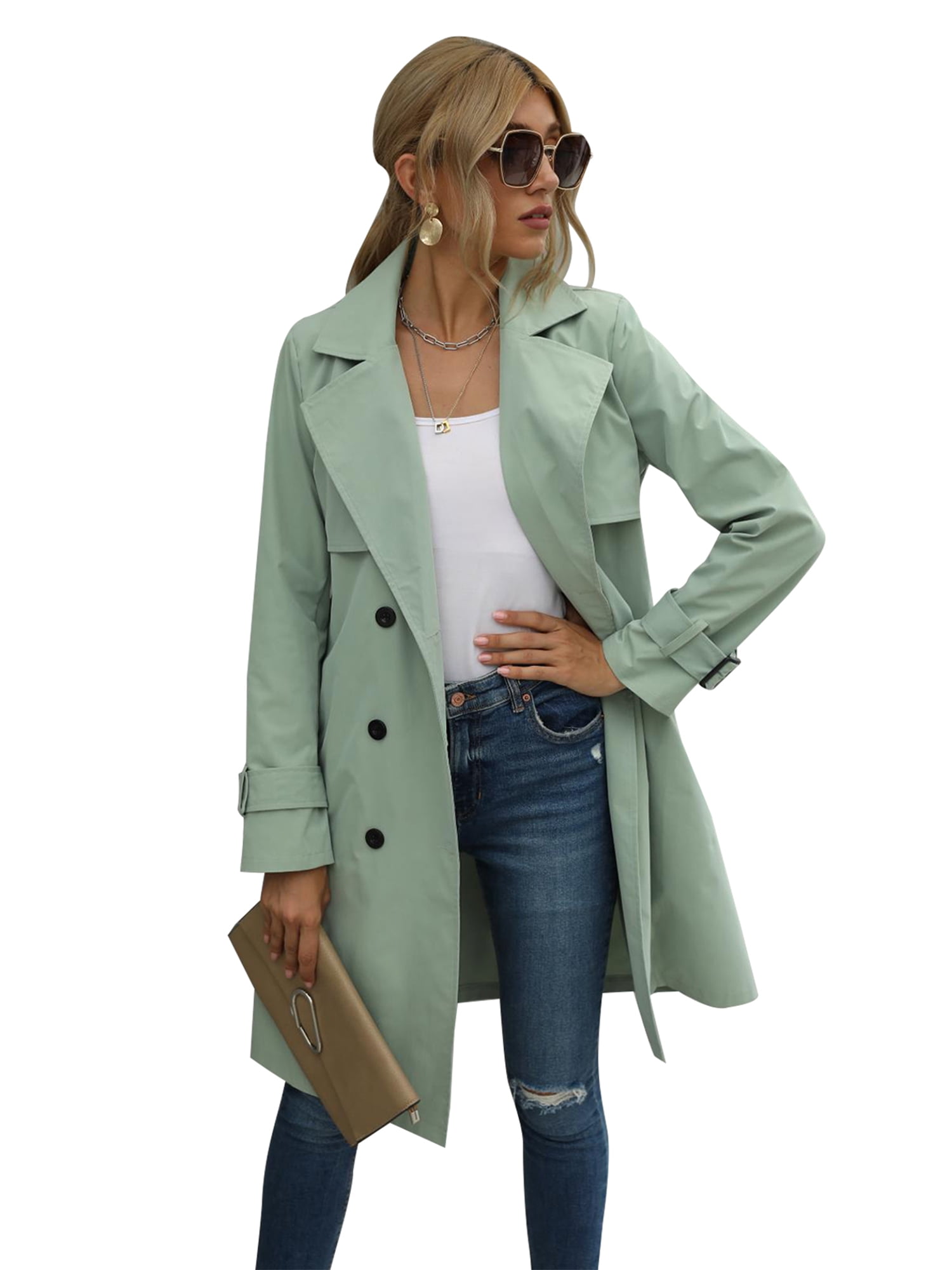 Double-breasted trench coat with belted closure