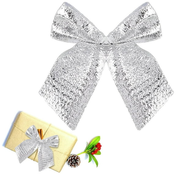 Miommo 12Pcs Silver Christmas Bows, Elegant Cloth Wreath Bows for Holiday Decorations, Gift Wrapping, Tree Topper, and Festive Party Decor, Reusable and Versatile Bow Tie Accents