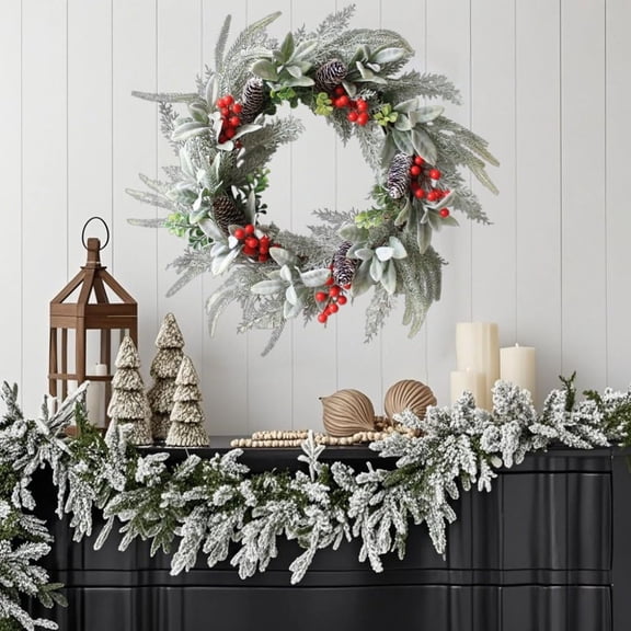 Miommo 20 Inch Christmas Wreath Artificial Holiday Wreath for Front Door with Baubles Berries Pine Cones Eucalyptus Leaves Snowy Needles Indoor Outdoor Xmas Decorations Winter Wreath