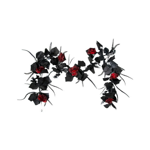 Miommo Artificial Black Maple Vine Garland, Faux Fall Autumn Leaf Wreath with Dark Roses, Gothic Halloween Decoration, Bendable Spooky Mantel Door Décor, Mystical Festival Home Accent