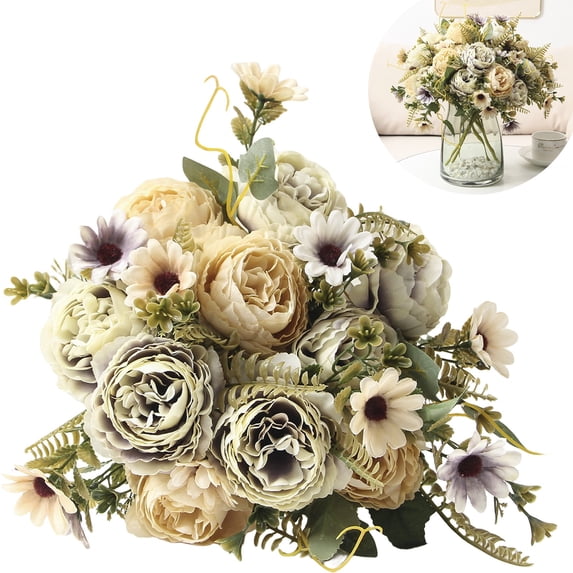 Miommo Artificial Peony Flowers Bouquet Realistic Faux Silk Blooms for Vase Table Centerpiece Wedding Home Decor Beige 13.4in
