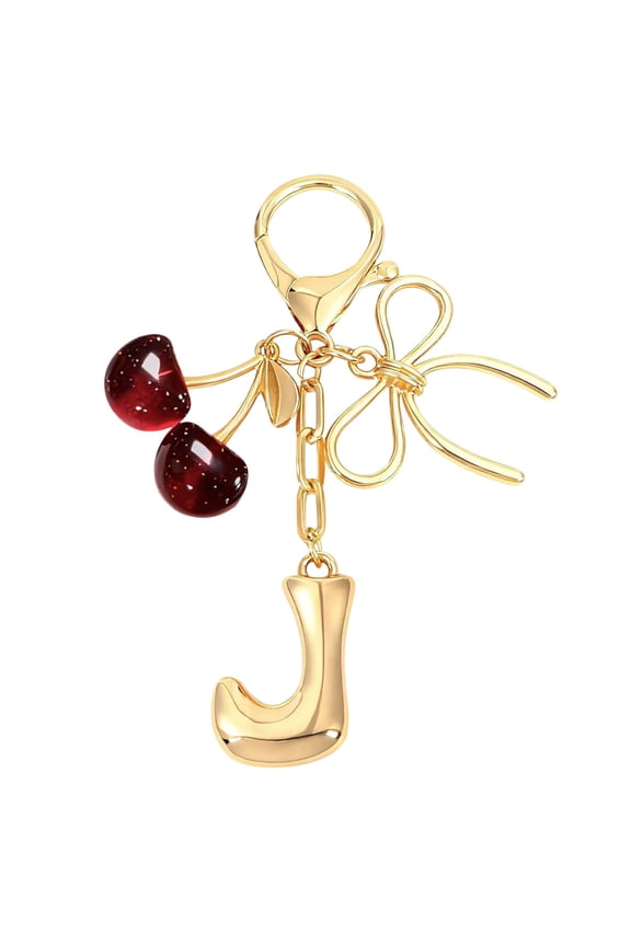 Bubble Initial Keychain with Bow and Cherry Charm, Gold Plated Personalized Letter Bag Charms for Women, Cute Purse Handbag Accessories
