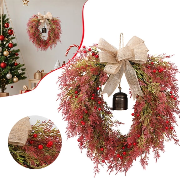 Miommo Christmas Bell Wreath for Front Door, Hanging Decoration with Linen Bow, Rustic Farmhouse Holiday Home Decor for Indoor Outdoor