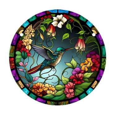 Miommo Christmas Decorations Indoor Hummingbirds and Flowers Pattern Suncatcher Stained Glass Hanging Stained Glass for 15Cm/5.9Inch Hand Painted Garden Hangings Painted Glass Panel Decor