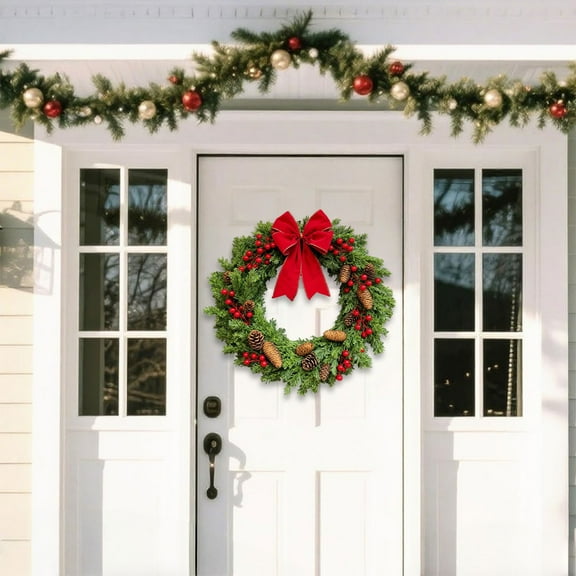 Miommo Christmas Red Berry Wreath 50cm with Velvet Bow, Large Outdoor Christmas Decor for Front Door, Indoor Fireplace Mantel, Window, Holiday Home Decoration