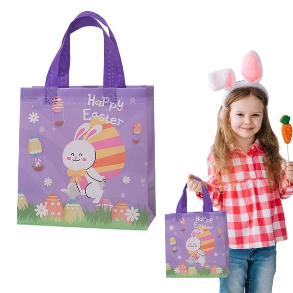Miommo Easter Bunny Gift Bags, 1 Pack Non-Woven Reusable Tote Bags with Handles for Egg Hunting, Party Favors, and Holiday Packaging, Assorted Bunny Carrot Chick Egg Designs