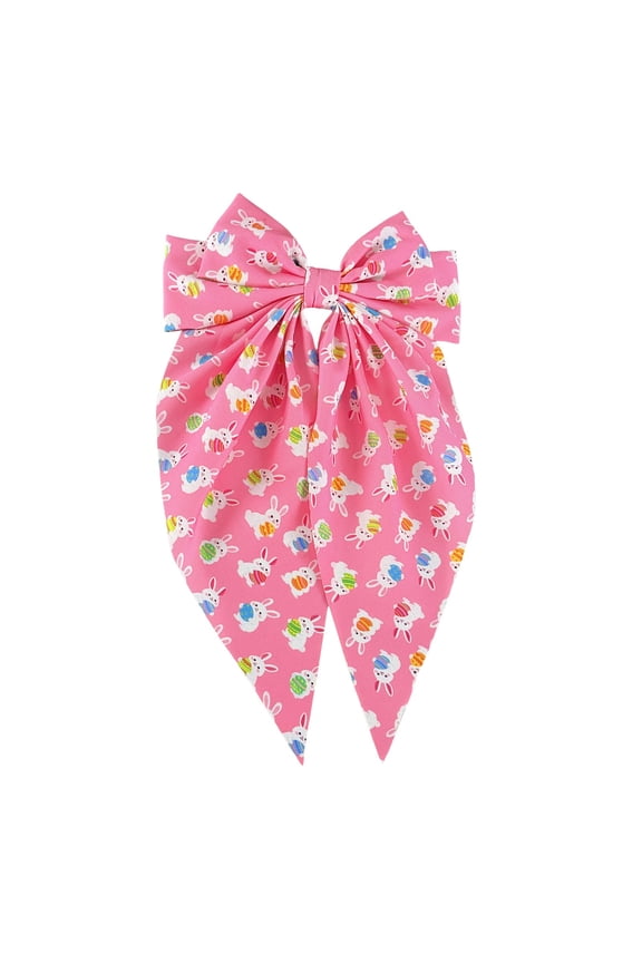 Easter Hair Clips, Bunny Egg Pattern Bow Barrettes with Long Streamers, Spring Clip Accessories for Party Outfits and Photo Props, 1-Piece, Pink