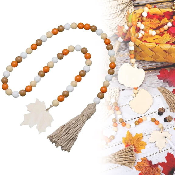 Miommo Fall Wood Bead Tassel Pumpkin And Maple Leaves 39 Inch Garland Farmhouse Rustic Bead With Jute Rope Plaid Tassel Thanksgiving Decoration A string of beads Halloween Wooden Bead Garland