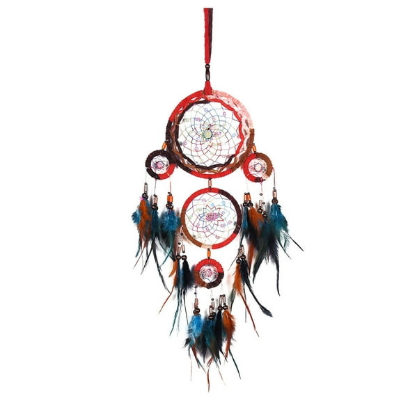 Miommo Handmade 5-Ring Dream Catcher Wind Chime with Feathers, 16cm Circle 73cm Long Bohemian Wall Hanging Decor, Ideal for Bedroom Wedding Gift