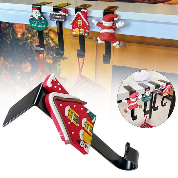 Miommo Heavy Duty Christmas Stocking Hooks for Mantle Fireplace Metal Holders No-Damage J-Shape Hangers for Festive Home Decoration 1-Pack Santa Theme
