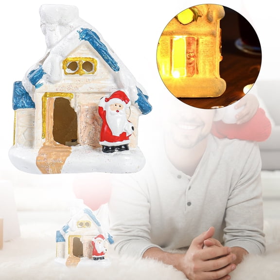 Miommo LED Light Up Christmas Village House Resin Tabletop Decor with Santa and Snowman, Miniature Glowing Cabin Ornament for Holiday Mantel Shelf Display, Festive Gift