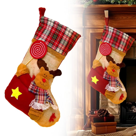 Miommo Large Christmas Stockings with 3D Plush Santa Snowman Reindeer for Fireplace Hanging, Family Holiday Xmas Decor, Rustic Burlap Stocking for Mantle