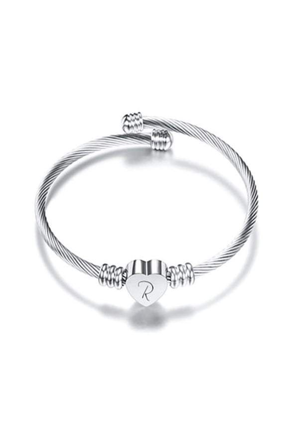 Letter R Initial Heart Bangle Bracelet Twisted Cable Wire Wristband Personalized Monogram Jewelry Valentines Day Gifts for Women Mom Wife Anniversary Birthday Holiday Present