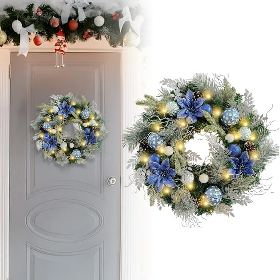 Miommo Lighted Christmas Wreath 12 Inch Silver Blue Pre-Lit Battery Operated Xmas Wreath with Ornaments & Flowers for Front Door Holiday Decoration