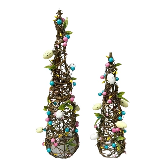 Miommo Lighted Easter Table Tree Centerpiece Decor Set with Eggs and Berries, Rattan Spring Home Decoration for Mantel and Tablescape, 2 Pack