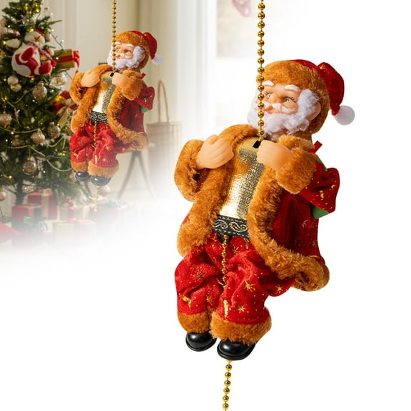Miommo Musical Climbing Santa on Rope, Animated Christmas Hanging Decoration, Battery Operated Santa Climbs Up and Down, Holiday Tree Ornament