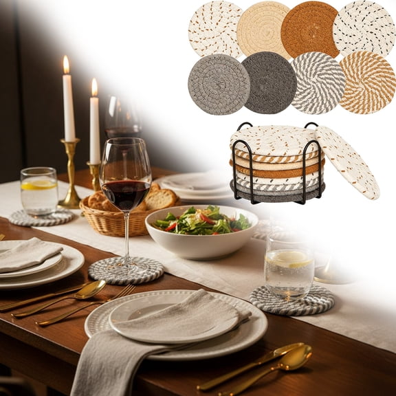 Miommo Placemats for Drinks Absorbent Coasters, Set of 8 with Holder, Cotton Linen Washable Heat-Insulated for Coffee Table Decor and Housewarming Gift, 4.3 Inch