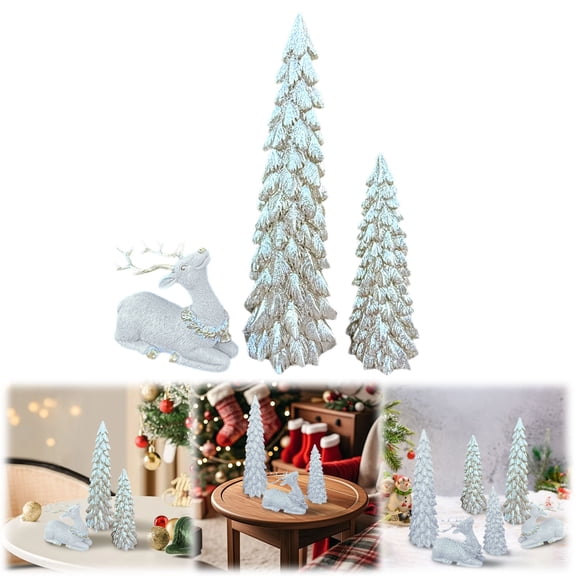 Miommo Set of 3 Resin Christmas Tree Figurines & Deer Table Decor 9.5"/6.5"/3.7" Gold Snowy Winter Mantelpiece Decorations Indoor Holiday Centerpiece