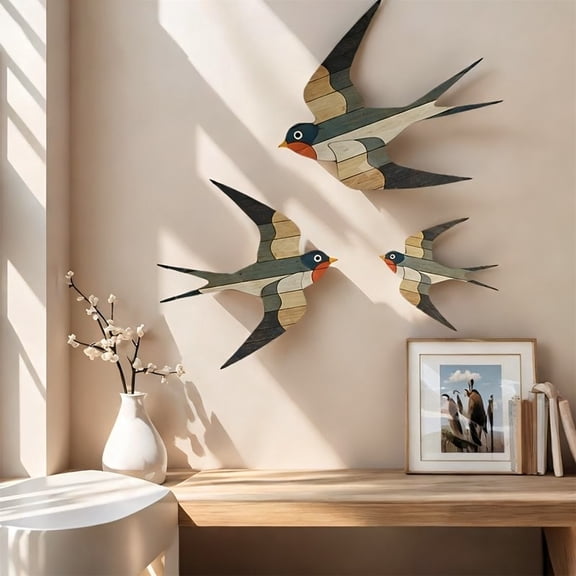 Miommo Set of 3 Wooden Swallow Wall Decor, 2D Flat Geometric Bird Art, Multi-Color Rustic Farmhouse Hanging Ornaments for Living Room