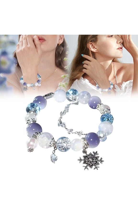 Silver Snowflake Charm Bracelet with Opal Blue Gemstones, Adjustable Stretch Soothing Bracelet for Women, Winter Festive Jewelry and Thoughtful Gift