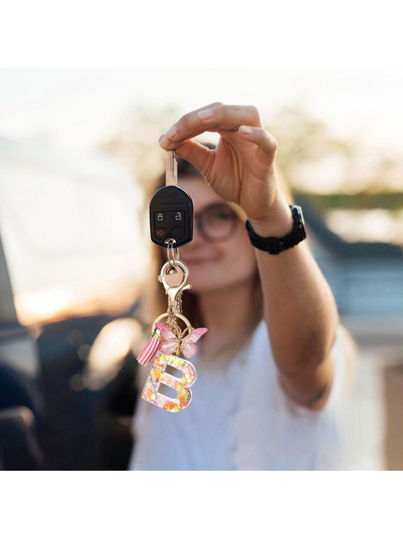 Sparkly Initial Letter Keychain Butterfly Tassel Keyring Bling Car Key Accessories Cute Purse Charm Handbag Pendant Personalized Valentine's Day Gifts for Women